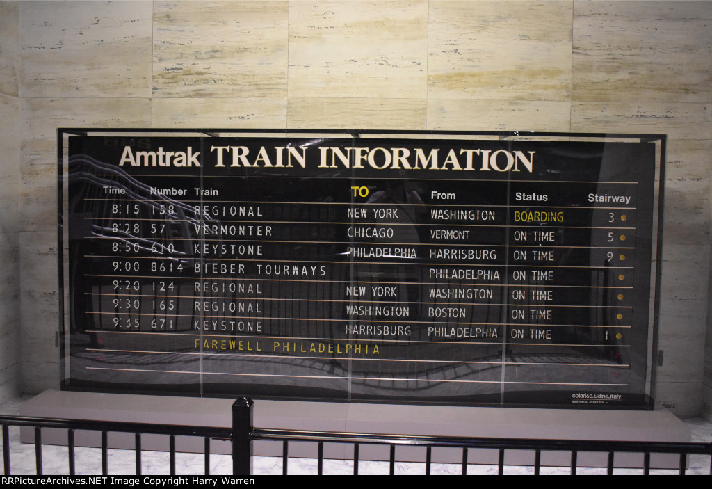 The Amtrak Flipboard from 30th Street Station